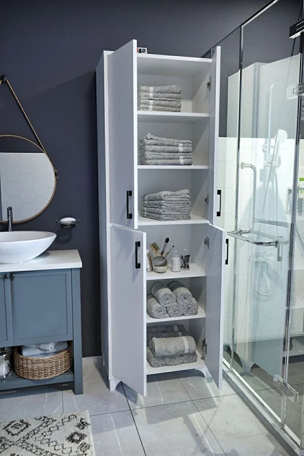 Çok Amaçlı Dolap 4 Kapaklı 6 Bölmeli Banyo Dolabı Mutfak Dolabı Nehir Beyaz